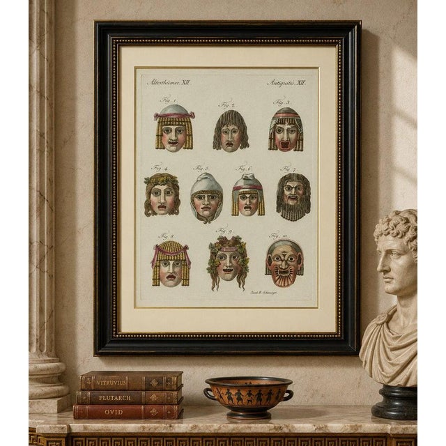 Blue Friedrich Justin Bertuch, Ancient Greek and Roman Theatre Masks, 1802, Engraving For Sale - Image 8 of 9