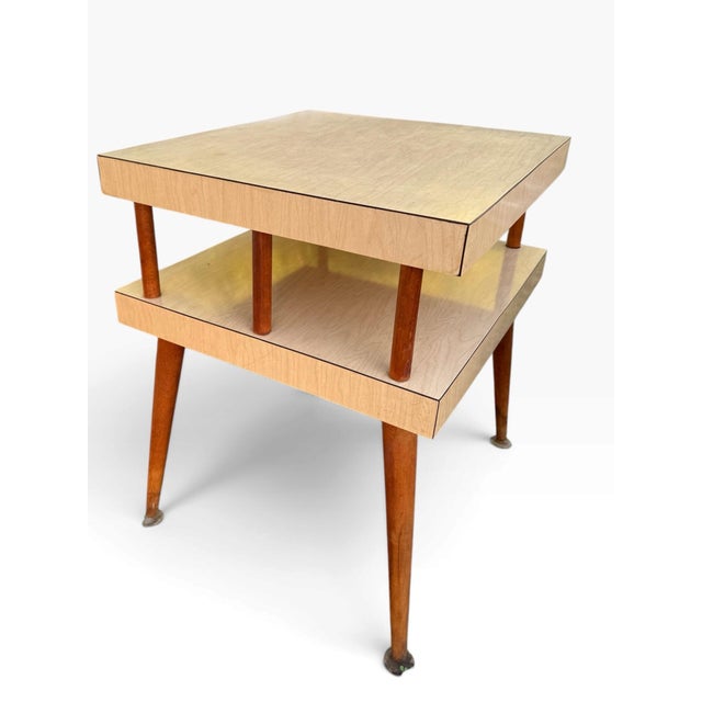Beige Vintage MCM End Tables Pair Two Tier Formica Tapered Legs Brass Feet For Sale - Image 8 of 8