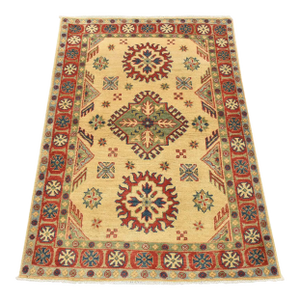 Kazak Rug 3’4” X 4’9” Beige Wool Tribal Hand-Knotted Oriental Carpet