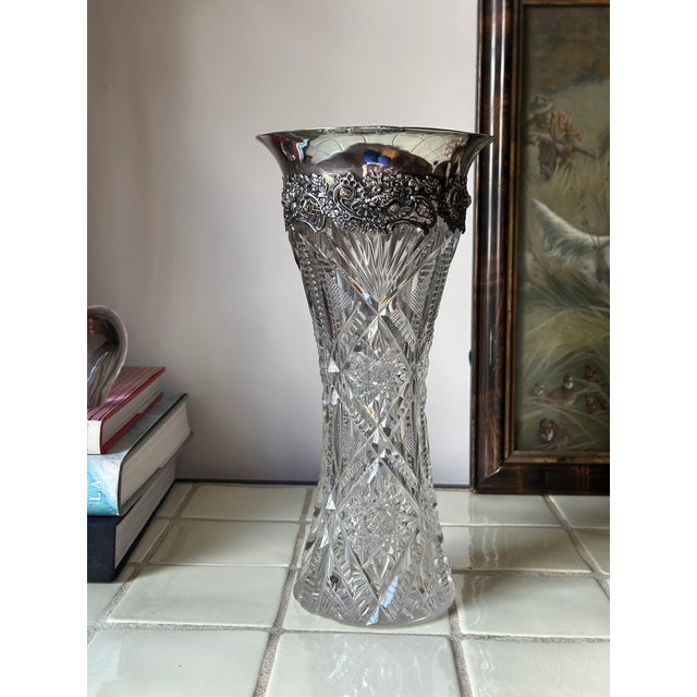 American American Brilliant Cut Crystal Vase With Sterling Silver Neck Collar in Ornate Repousse Floral Design For Sale - Image 3 of 11