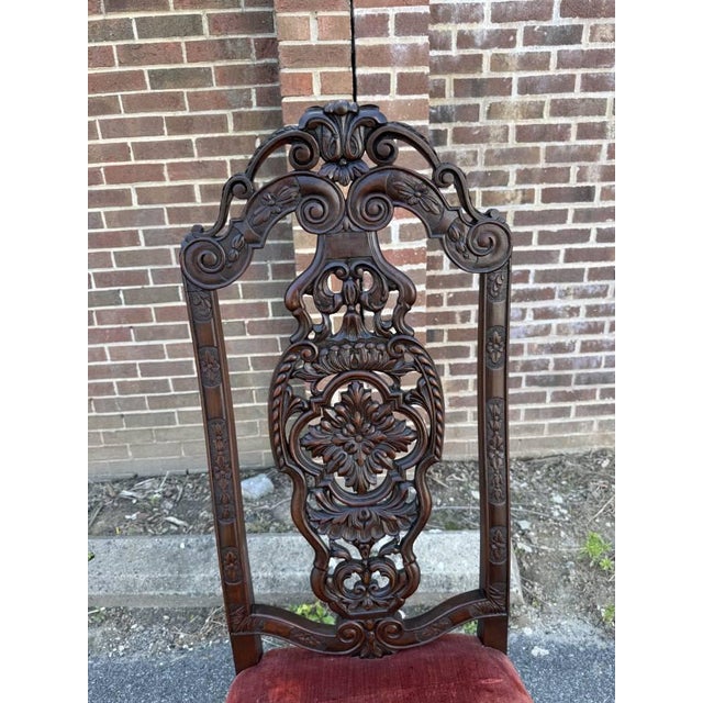 Wood Pair of Antique Anglo-Dutch 19th Century Walnut Carved High Back Hall Chairs For Sale - Image 7 of 12
