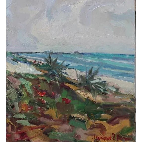 40x40. Oil on canvas by Florida artist James P. Kerr. Morning walk down to the beach in Florida. Signed lower right of...