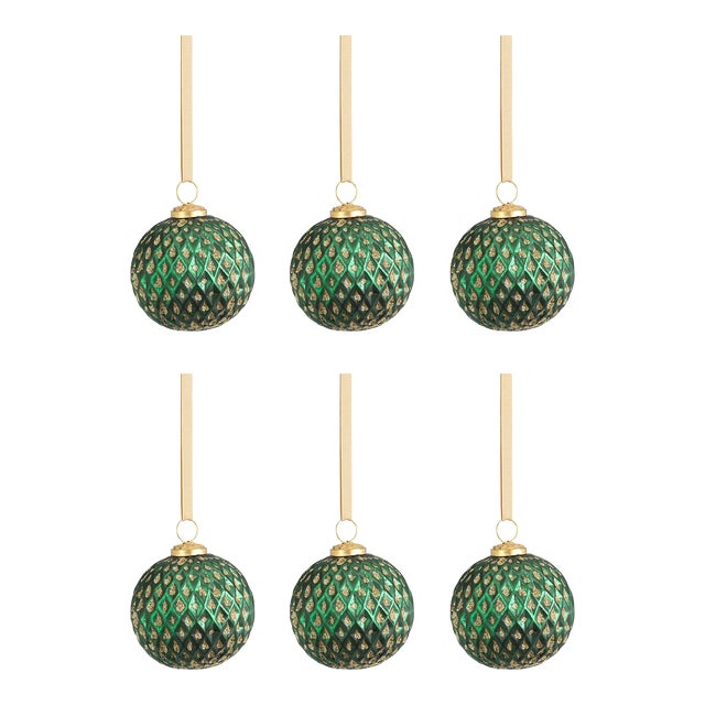 Beehive Green with Gold Glitter Ball Ornaments, Set of 6, 4" For Sale