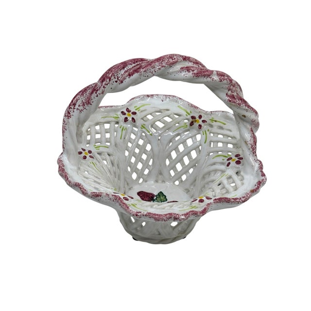 Small Pink and White Reticulated Ceramic Basket Made in Portugal For Sale - Image 4 of 10