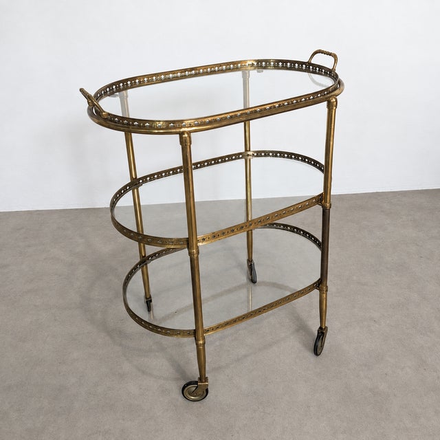 Vintage Brass and Glass Three-Tier Serving Trolley, 1950s For Sale - Image 4 of 9