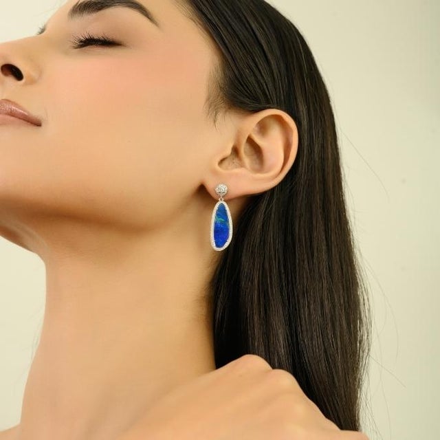 Not Yet Made - Made To Order Modern Fire Opal & Diamond Halo Drop Earrings in 14k White Gold- 2 Pieces For Sale - Image 5 of 11