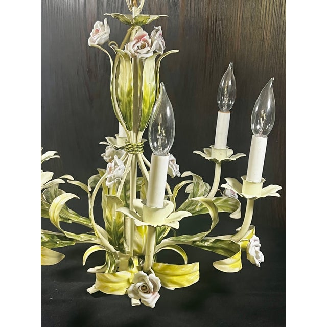 Vintage Tole Six-Arm Chandelier With Roses & Leaves For Sale - Image 10 of 16