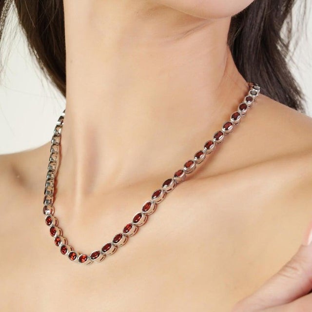 Caratandher Modern Oval Garnet Gemstone Tennis Necklace in Solid Silver For Sale - Image 4 of 12