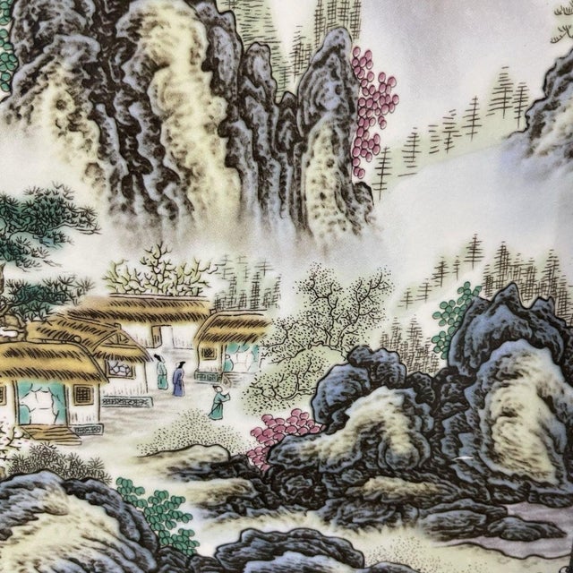 Brown Large Vintage Hardwood Table Screen, Painted Porcelain Jiangnan Scene For Sale - Image 8 of 10