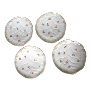 Antique French T&v Porcelain Leaf Shape With Flowers Lunch Plates- Set of 4