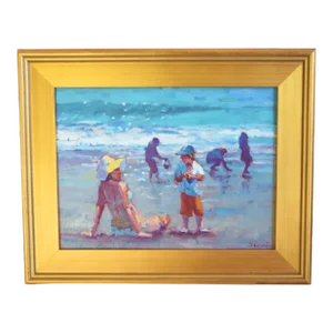 Impressionist Coastal Beach Summer Play by Listed Artist Silvio Silvestri Oil Painting W/ Antiqued Gold Wood Frame