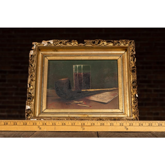 Early 20th Century Pipe With Merlot Framed Oil on Canvas, Signed and Dated ' Ramskill' For Sale - Image 9 of 9