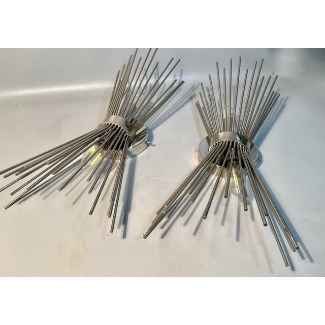 1990s Pair Sputnik Wall Sconces Radiating Wire Rods Sunburst Effect MCM Style For Sale - Image 5 of 6