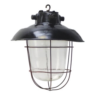Vintage Industrial Black Enamel and Clear Frosted Glass Pendant Light For Sale