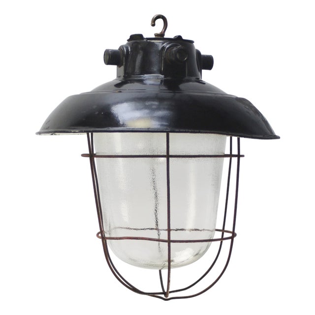 Vintage Industrial Black Enamel and Clear Frosted Glass Pendant Light For Sale