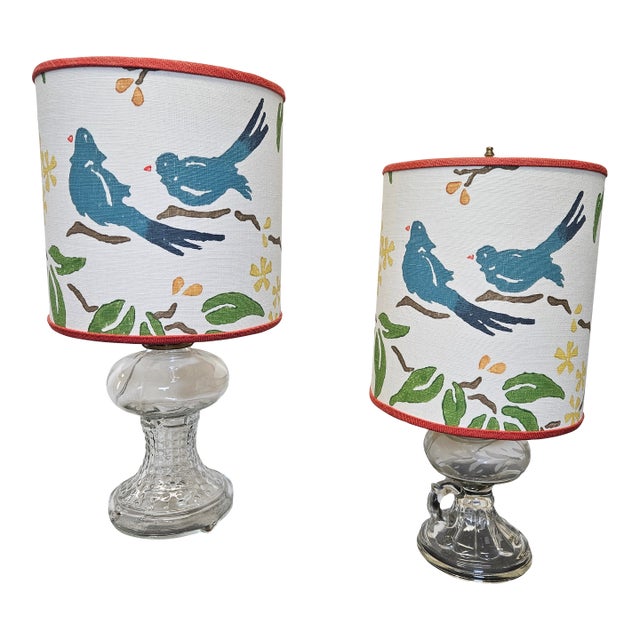 Charming Old School Oil Lamps Converted to Table Lamps With Fabulous Custom Shades - A Pair For Sale