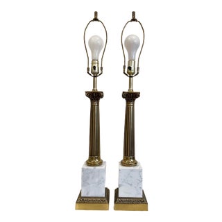 Mid-Century Neoclassical Roman Grecian Columns Marble and Brass Columnar Lamps - a Pair For Sale