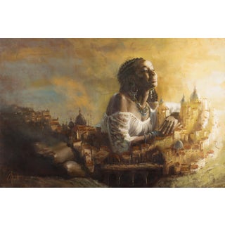 Cradle of Civilization by Christopher Clark | Oil on panel Woman with a cityscape in the background. For Sale