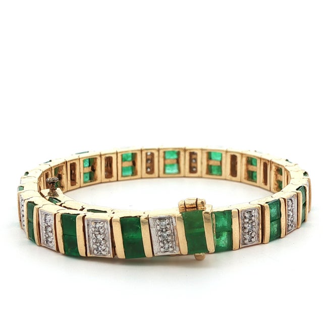 Metal 1980s 14k Yellow Gold Emerald & Diamond Bracelet For Sale - Image 7 of 10