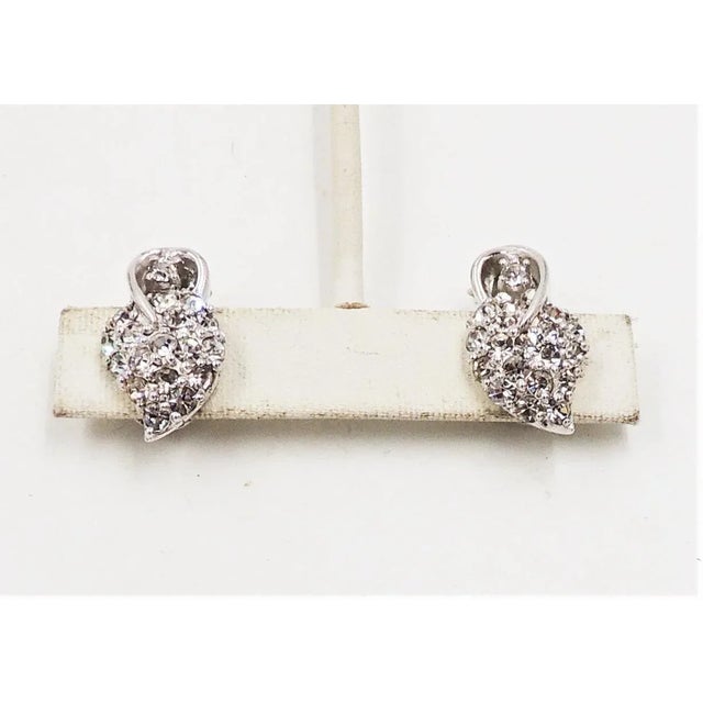 Metal 1950s Pennino Rhodium Plated Pave Clear Rhinestone Leaf Clip Earrings - 2 Pieces For Sale - Image 7 of 10