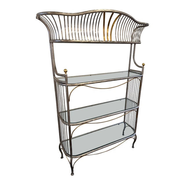 Baker's Rack Art Deco Brushed Steel + Brass For Sale