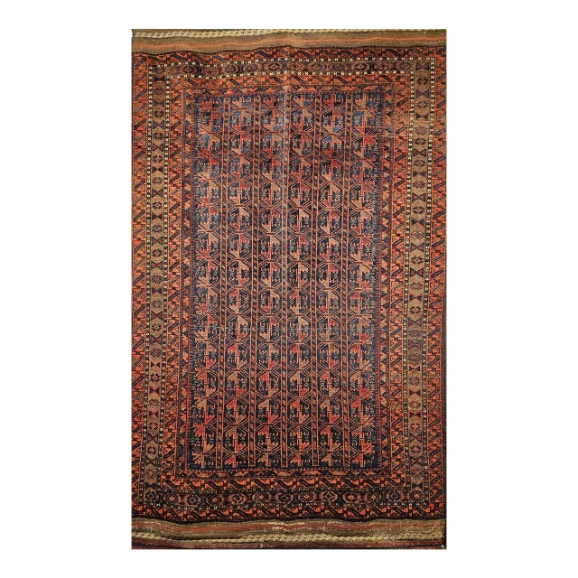 Vintage Baluch Tribal Area Rug in Allover Geometric Pattern in Navy Blue, Brown, Dark Red For Sale