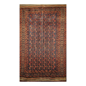 Vintage Baluch Tribal Area Rug in Allover Geometric Pattern in Navy Blue, Brown, Dark Red