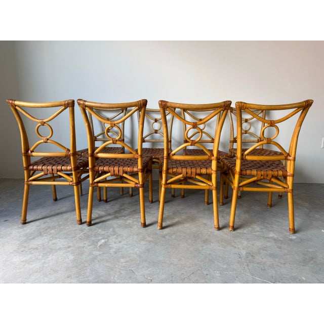 Vintage McGuire-Style Boho Chic Coastal Rattan & Leather Dining Chairs – Set of 8 For Sale - Image 10 of 12