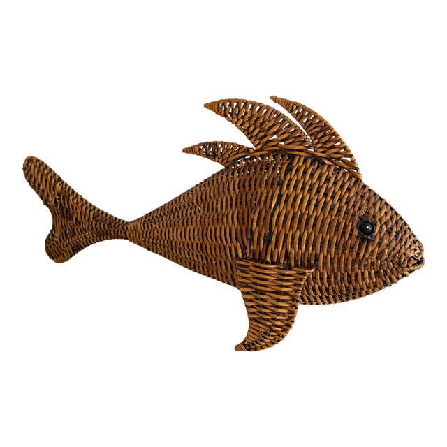 Vintage Metal-Framed Woven Rattan or Wicker Fish Large Nautical Beach Decor For Sale