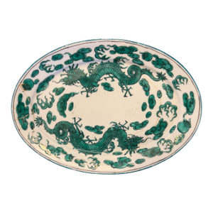 Antique Green-and-White Japanese Dragon Plate With Artist Embossed Stamp Marking