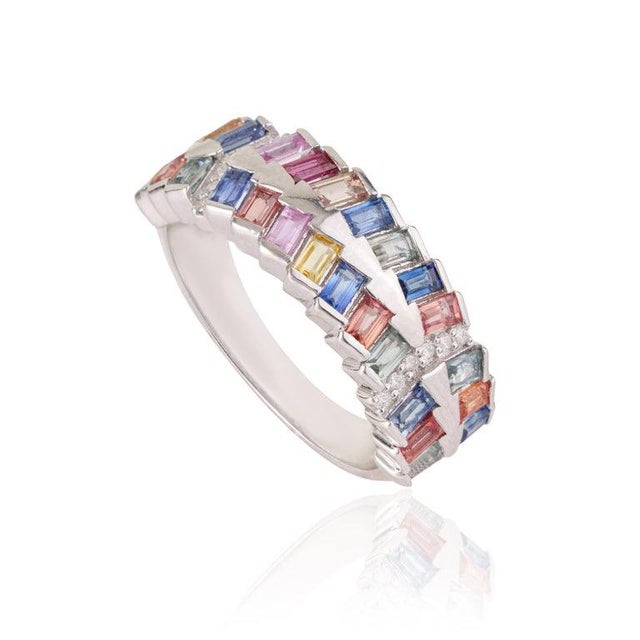 2.3 Ct Modern Multi Sapphire & Diamond Band Ring in 925 Sterling Silver, Size 6 For Sale - Image 6 of 14