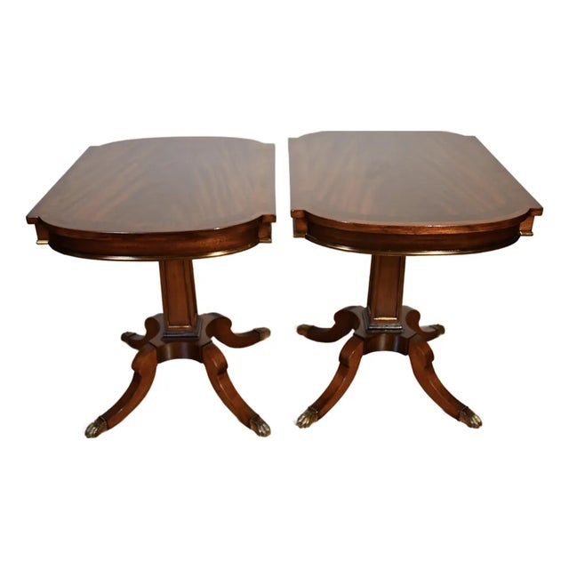 1910s Pair of Antique English Regency Mahogany Banded Walnut Side Tables End Tables For Sale