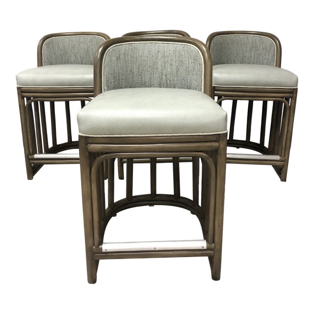 Palecek Duncan Counter Stools, Custom Marsh Natural Finish in Kravet