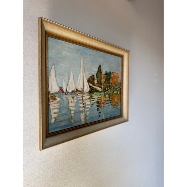 1960's Marie Hendrich Ozon " Yacht Races At Argenteuil " Oil on Canvas Painting After Claude Monet This painting is a...