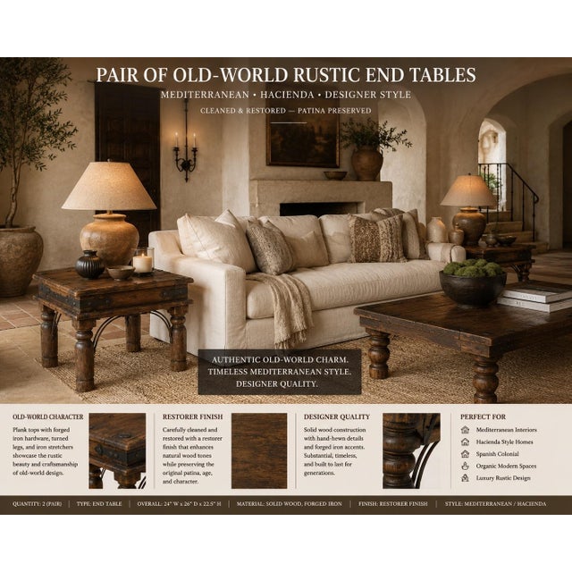 An exceptional pair of old-world rustic hacienda-style end tables crafted from solid wood with authentic forged iron...