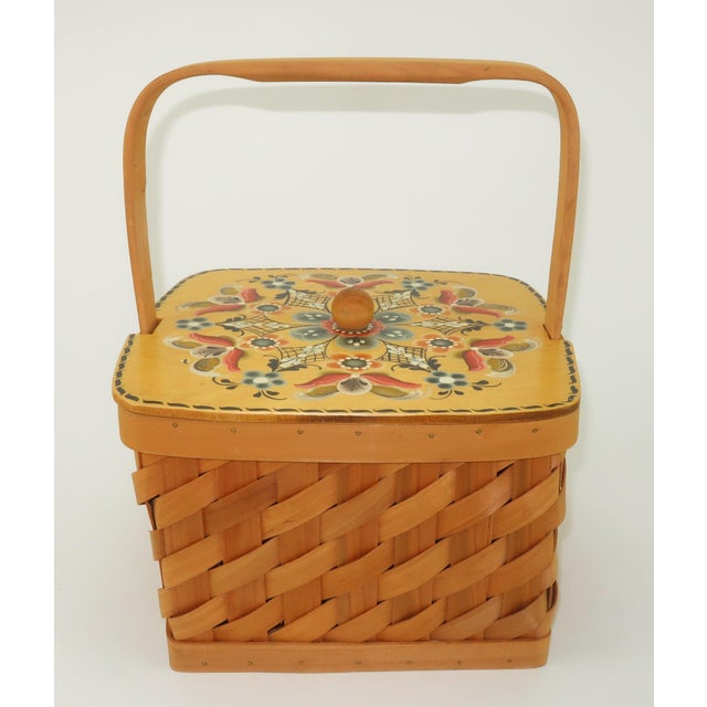 Scandinavian Rosemaling Folk Art Painted Wood Basket Handbag For Sale In Atlanta - Image 6 of 14