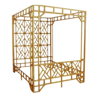 Vintage 70's Monumental Bamboo Chinese Chippendale Palm Beach Regency Canopy Queen Size Bed Frame For Sale