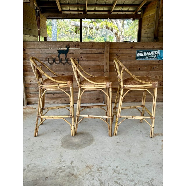 Late 20th Century Coastal Rattan With Rattan Weave Seats Barstools-Set of Three For Sale - Image 4 of 10