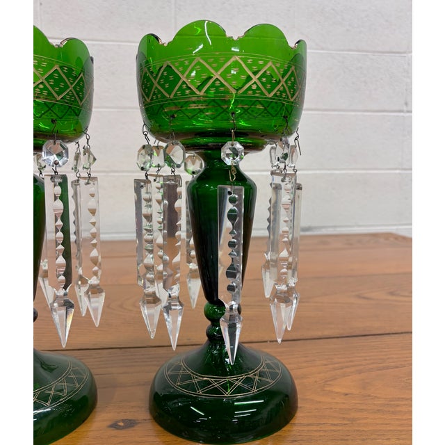 Victorian Antique C 1880-1900 Victorian Bohemian Emerald Green Glass Mantle Lustres - Pair For Sale - Image 3 of 14