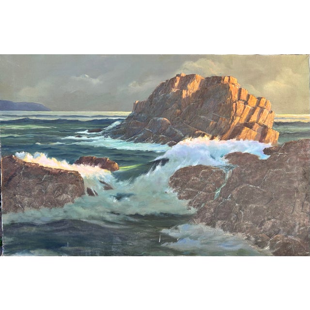 Bottle Green Large Vintage Seascape Oil Painting of a Rocky Coast For Sale - Image 8 of 8