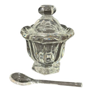 1960s Signed Baccarat Crystal Harcourt Bretagne Cut Mustard Jar With Lid and Spoon For Sale