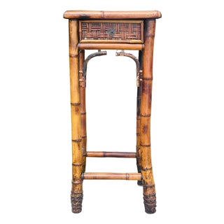 Bamboo Pedestal Plant Table W/ Drawer For Sale