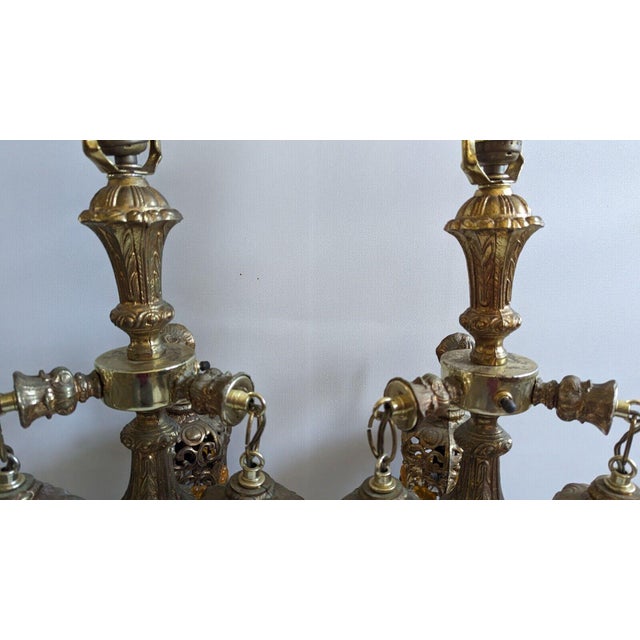 Metal Pair of Early 20th Century WMC L&L Loevsky & Loevsky Hollywood Regency Table Lamps With 3 Swag Arms For Sale - Image 7 of 12