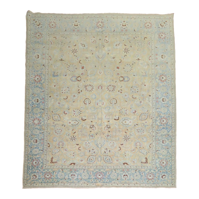 Persian Meshed Beige Blue Teal Antique Rug - 10' x 13' For Sale