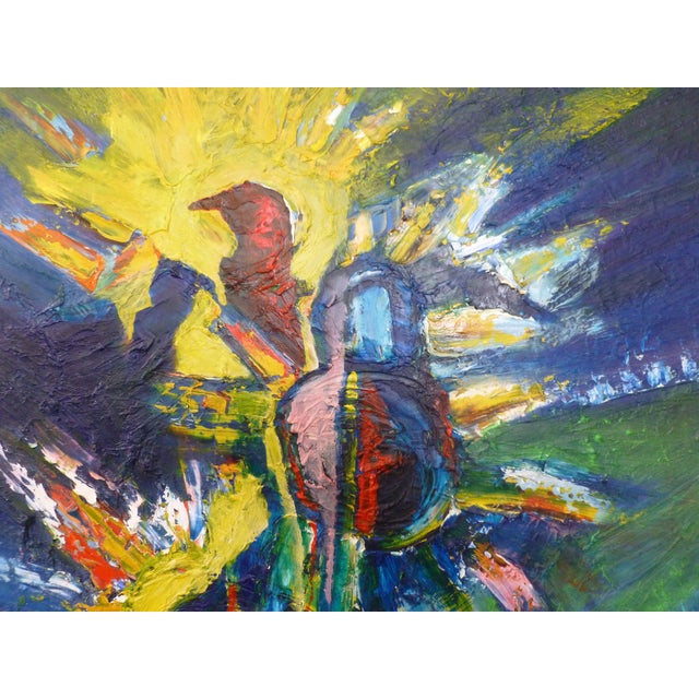 "Rio" is a vibrant expressionistic painting where a dance of primary colors takes center stage. Red, blue, and yellow hues...