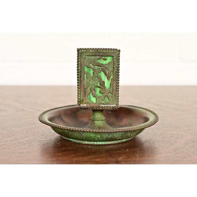 Apollo Studios New York Arts & Crafts Grapevine Pattern Bronze and Slag Glass Ashtray With Matchbox Holder For Sale - Image 12 of 12