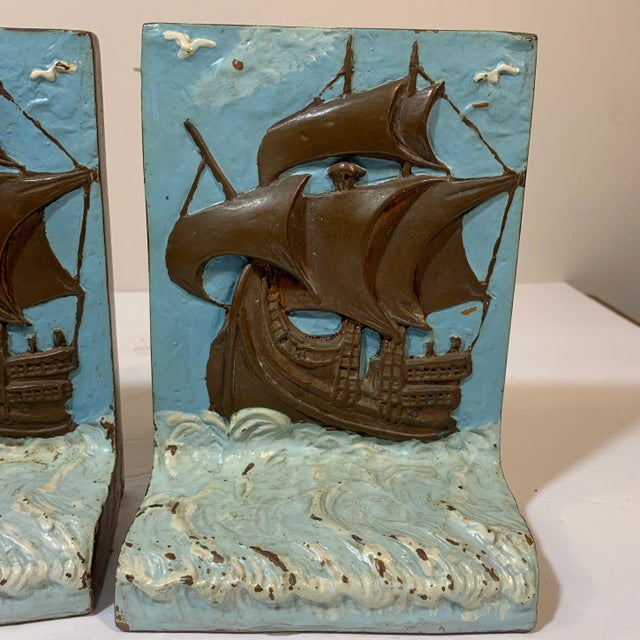 Antique 1920s Painted Bronze Clad Tall Ship Mayflower Bookends - a Pair For Sale In Philadelphia - Image 6 of 8