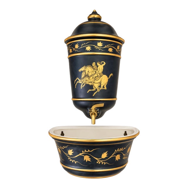 Mid-Century Italian Neo-Classical Style Ceramic Lavabo Fountain Jasperware Glaze For Sale