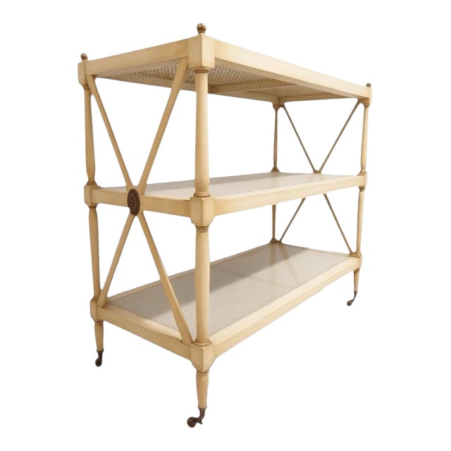 Mid-Century Regency Style Painted & Caned Serving Cart Shelf Étagère Dry Bar For Sale