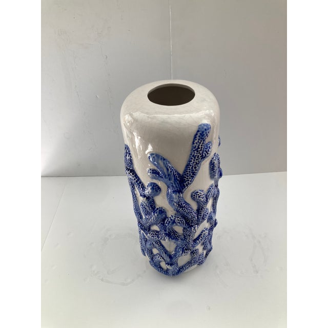 Boho Chic Blue Coral on White Glazed Ceramic Vase For Sale - Image 3 of 9